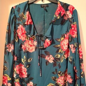 Jessica Simpson Teal Palmer Woven Ruffled Blouse with Red Pink Floral Pattern